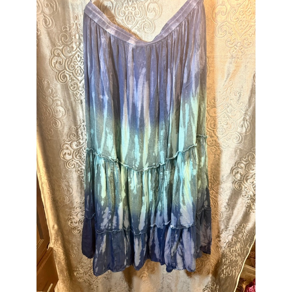 Cute Options Tie Dye Maxi Skirt Blue Tiered Boho Festival Tassel Drawstring - Picture 3 of 3